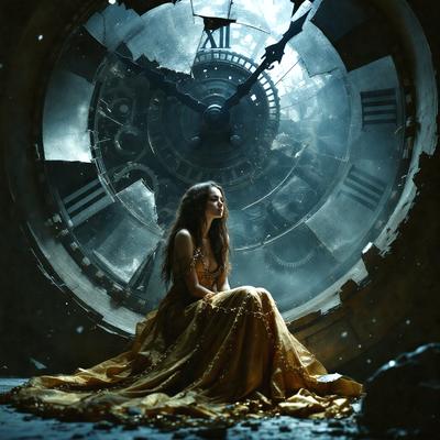 The primary subject of the image is a woman sitting on the ground, wearing a yellow dress. She is positioned in front of a large clock, which serves as the setting and background of the scene. The visual style of the image is a combination of photo and digital art, creating a unique and intriguing atmosphere. The colors in the image are predominantly yellow and blue, with the woman's dress being predominantly yellow, and the clock and the background being predominantly blue. The overall mood of the image